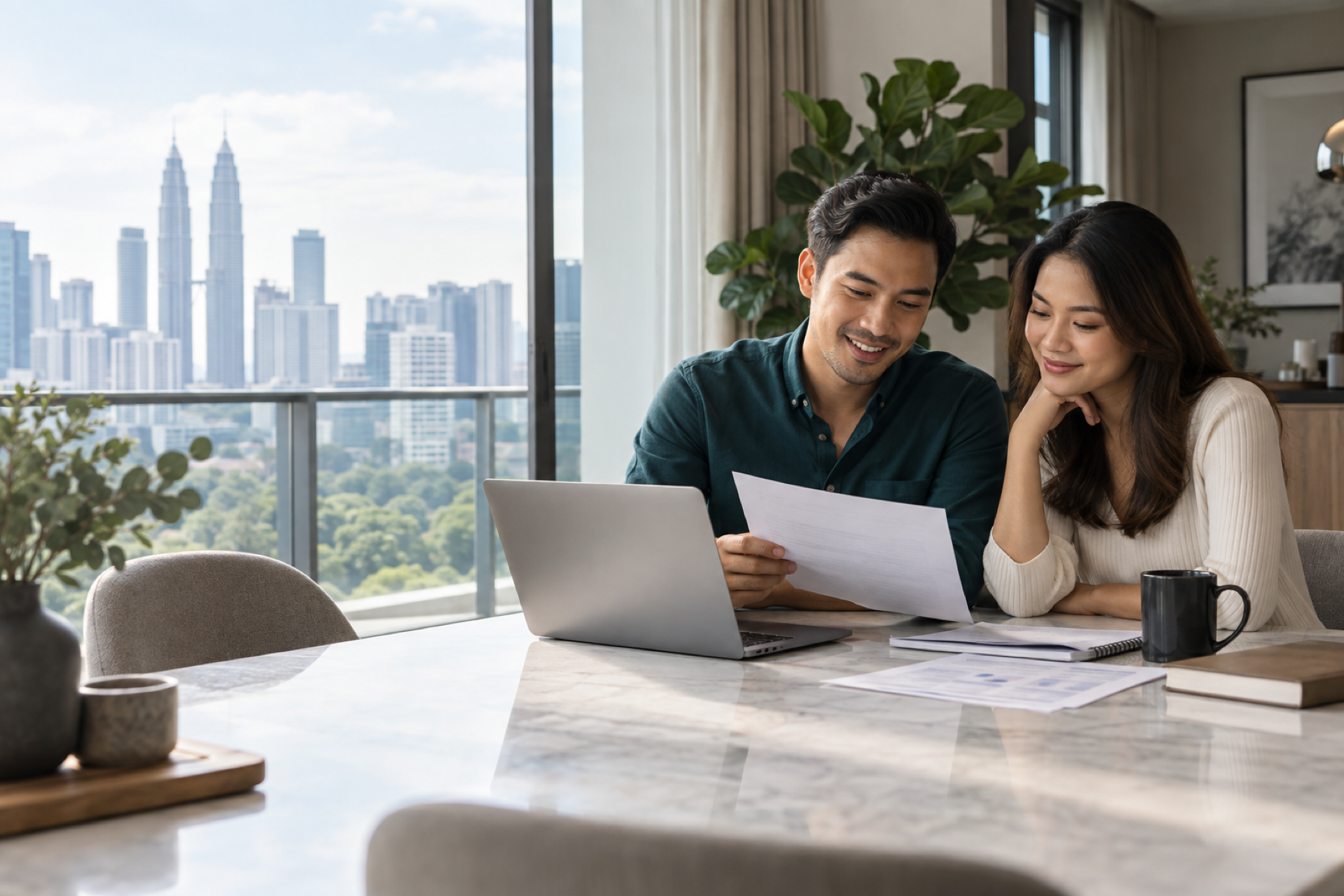 A Malaysian couple reviewing home finances together